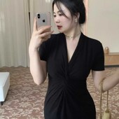 女装 微胖mmk夏季 新款 大码 设计感显瘦V领短袖 连衣裙扭结开叉包臀裙