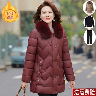妈妈秋冬加绒外套中长款羽绒棉服中年女装PNU皮棉衣中老年冬季棉