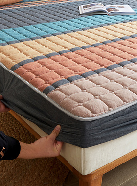 A类条纹夹棉床笠单件纯棉全棉1z00加厚床罩床垫保护罩三件套可定