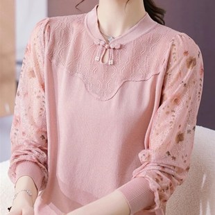 中年妈妈春装上衣雪纺T恤中老年夏季女装春秋新款2024.小衫洋气质