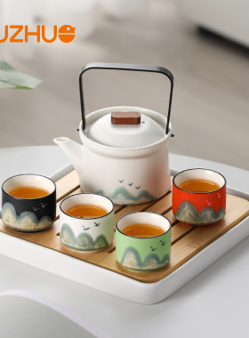 功夫茶具套装2023新款家用陶瓷泡茶壶日式纯手绘简约茶杯茶盘小套