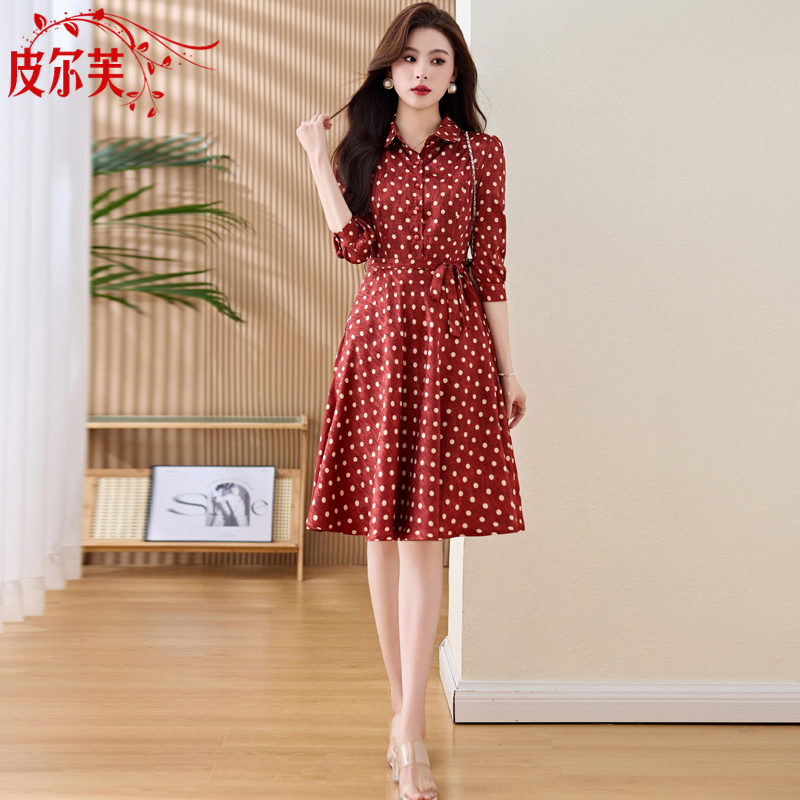 法式红色波点连衣裙女p2024春秋季新款收腰修身精致中长款减龄裙
