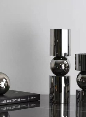 现代简约欧式轻奢烟灰色几何水晶烛台摆件样板房售楼处软装饰品