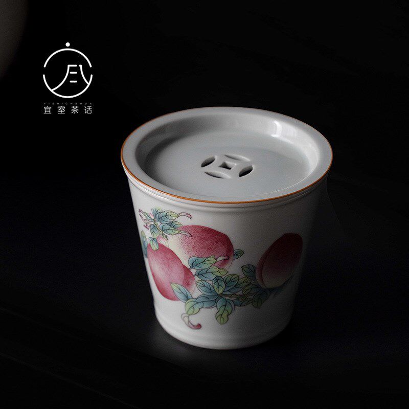 宜室茶话寿桃茶洗茶渣缸建水陶瓷带盖中式家用盖碗茶具壶承小水盂