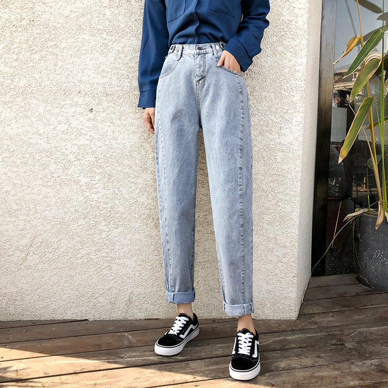 松紧高腰哈伦牛仔裤女2024春装新款韩版百搭宽松水洗学生休闲长裤