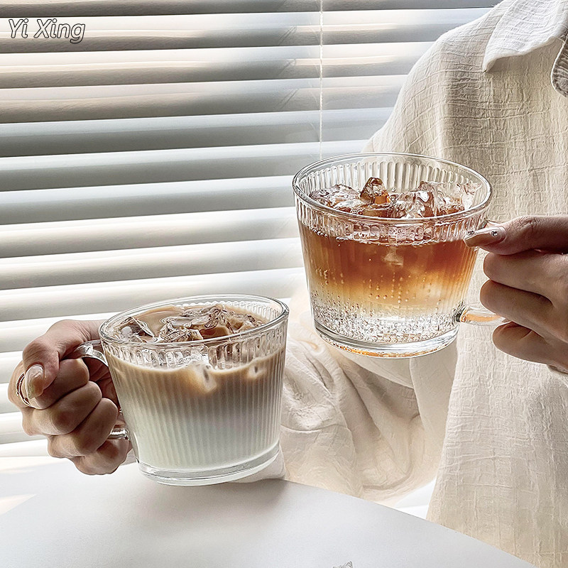 ins风竖纹咖啡杯家用牛奶v燕麦片早餐杯透明拿铁冰美式玻璃水杯子