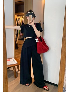 爱情魔鬼鱼 灰色套装女2r025年夏季新款短款T恤设计感阔腿裤两件