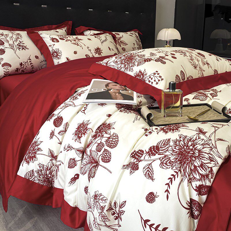 2025新款婚庆大红色100支长绒棉四件套全棉印花U结婚床上用品4,床上用品,婚庆床品套件,淘宝优惠券,粉丝福利购,淘宝优惠卷