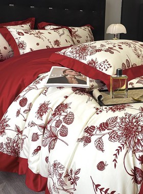 2025新款婚庆大红色100支长绒棉四件套全棉印花U结婚床上用品4