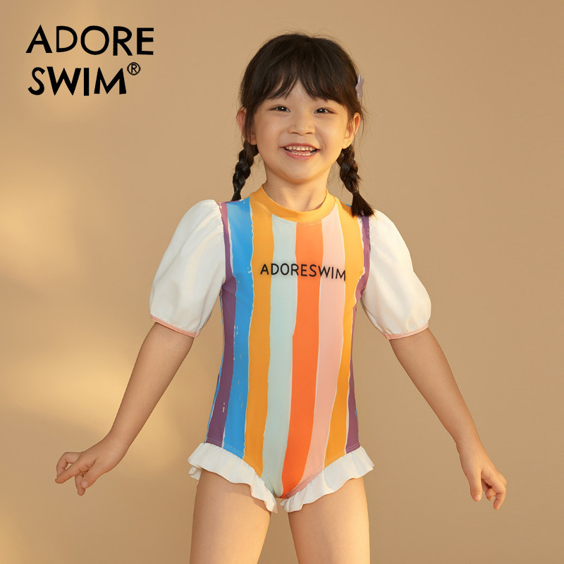爱多尔公主风儿g童泳衣蓬蓬袖防晒游泳衣连体小女孩泳裤2024新款