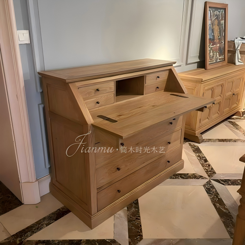 美式乡村实木一体书桌折叠斗柜