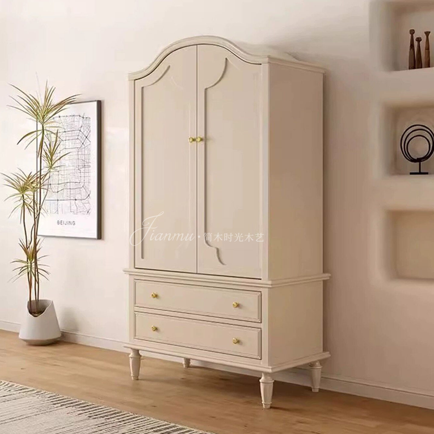 法式简约实木衣柜衣橱小户型两门衣柜儿童卧室双门衣柜白色定制