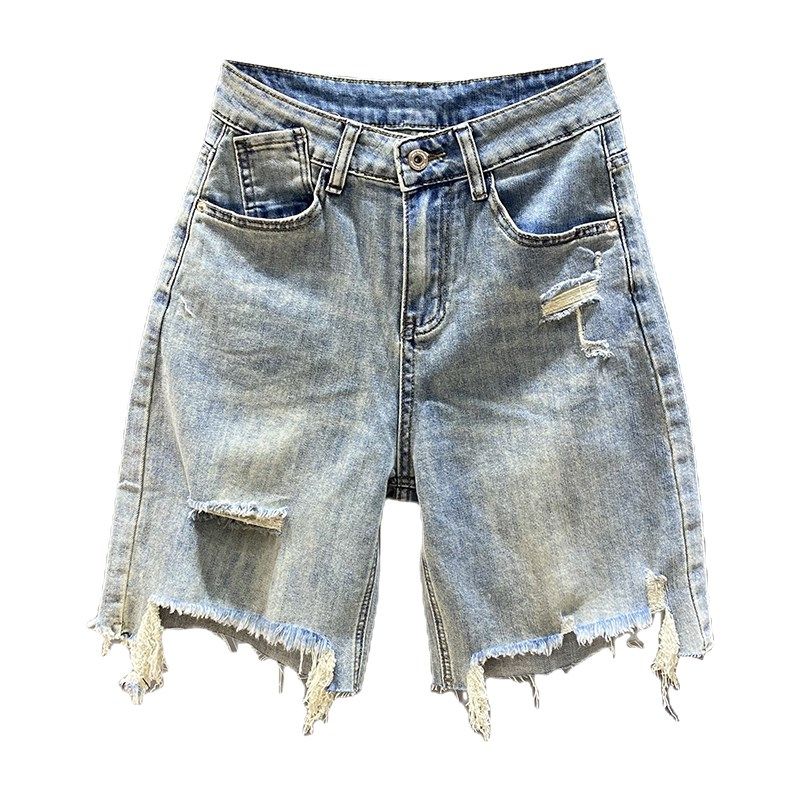 浅蓝色破洞c毛边牛仔五分裤女欧货2024夏季薄款宽松直筒阔腿裤中