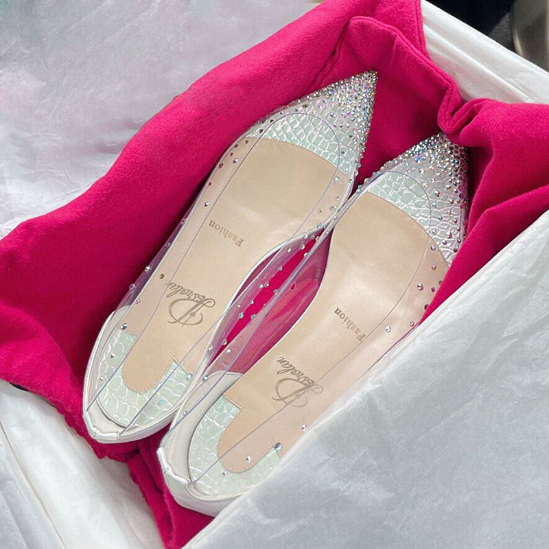 2022夏季新款仙女风平底水钻尖头鞋女内增高浅口U单鞋透明水晶婚