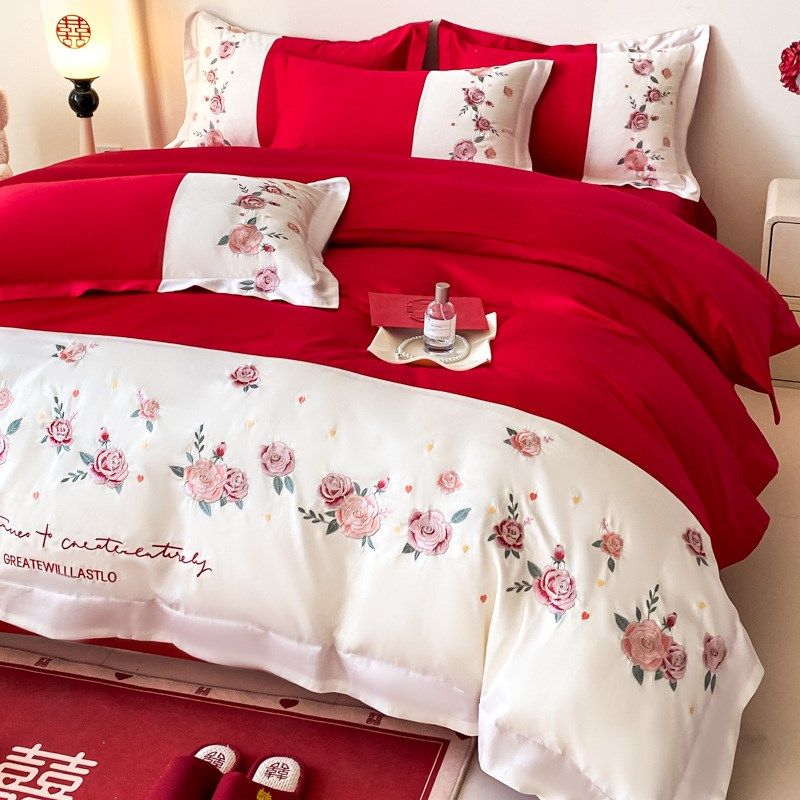 简约结婚四件套高级感婚庆红色刺绣被套陪嫁婚T房喜庆床上用品,床上用品,婚庆床品套件,淘宝优惠券,粉丝福利购,淘宝优惠卷