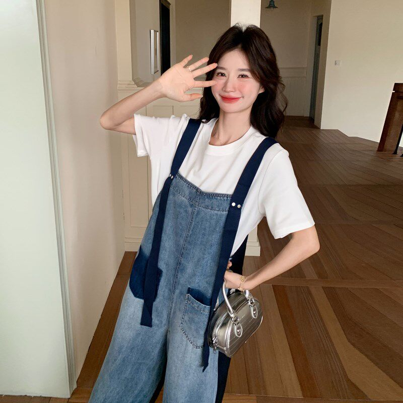 牛仔蓝时尚俏皮可盐可甜牛仔背带裤女2F025年夏季新款小个子阔腿
