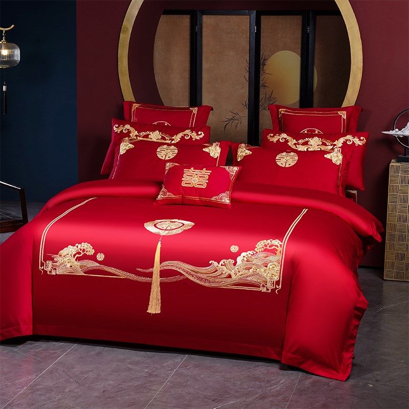 结婚四件套红h色被套床单喜字刺绣被罩新婚庆床上用品陪嫁婚房,床上用品,婚庆床品套件,淘宝优惠券,粉丝福利购,淘宝优惠卷