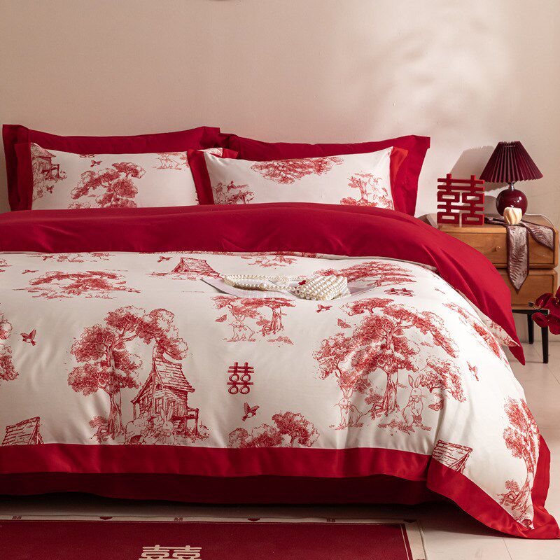 现代100支结婚四件套婚庆y红色被套新婚喜被床单床上用品4,床上用品,婚庆床品套件,淘宝优惠券,粉丝福利购,淘宝优惠卷