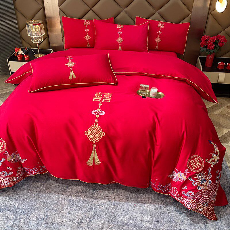婚庆四件套d大红中式龙凤刺绣新结婚陪嫁六件床单被套床上用品,床上用品,婚庆床品套件,淘宝优惠券,粉丝福利购,淘宝优惠卷