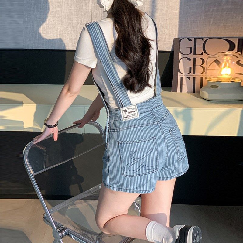 背带牛仔裙裤女2025年夏季新z款宽松显瘦减龄百搭条纹阔腿连衣裤