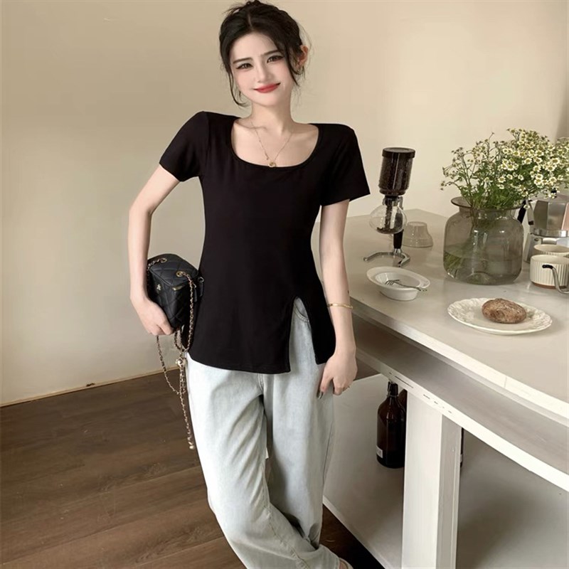 仔仔时尚女装开叉方领短袖t恤夏薄款设计感不规则修身显瘦上衣