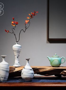 新中式陶瓷花瓶摆件家居玄关禅意博古架茶室柏木实木电视柜装饰品