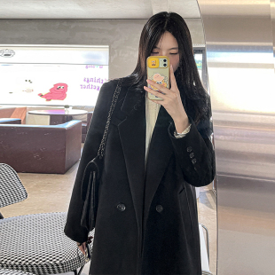 韩系大衣女秋冬毛呢西装外套加厚高级感黑色赫本风大衣大码女装胖