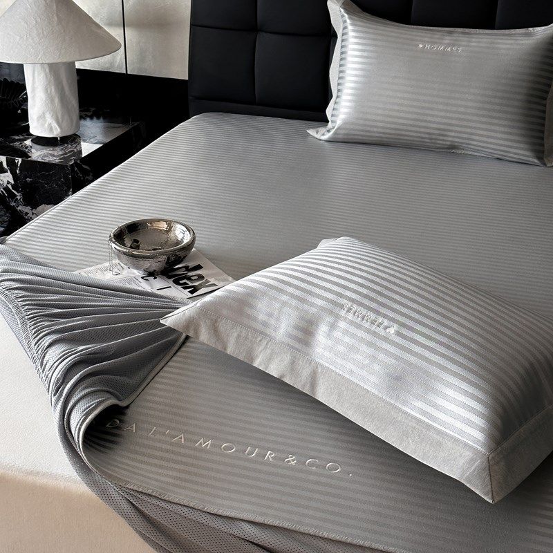 夏季轻奢简约提花冰丝凉席床笠三件套可机洗高级感条纹抗菌软席子,床上用品,冰丝席,淘宝优惠券,粉丝福利购,淘宝优惠卷