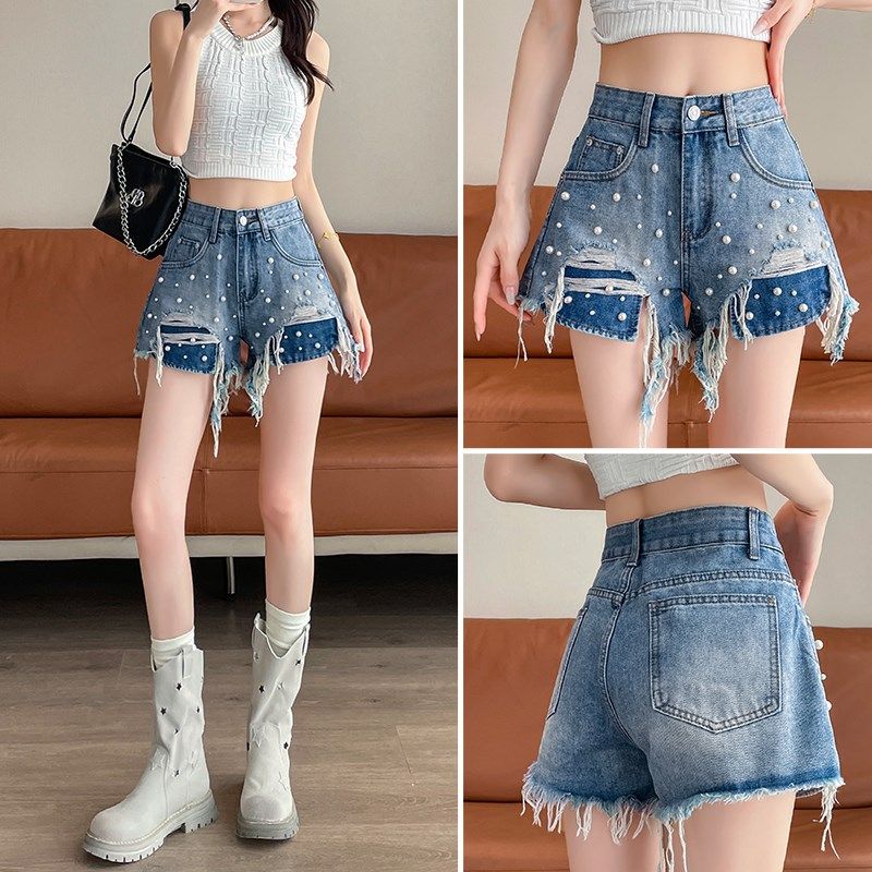 钉珠破洞牛仔短裤女夏季薄款2025新款复古怀旧显瘦宽松a字短热裤