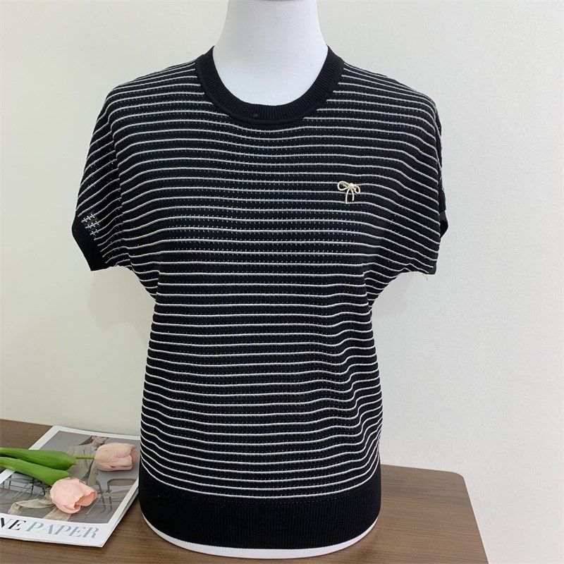 年轻妈妈夏装短袖条纹T恤衫遮肚显瘦中老年女装针织冰丝上衣薄款