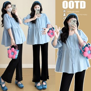 透气宽松显瘦短袖 薄款 镂空娃娃衫 时尚 潮妈上衣 2025孕妇装 夏季 夏装