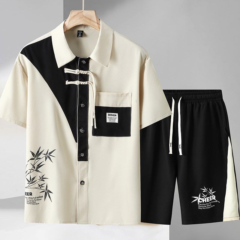 轻奢大码短袖衬衫新中式国风套装男潮流时尚加肥加大衬衣两件套夏