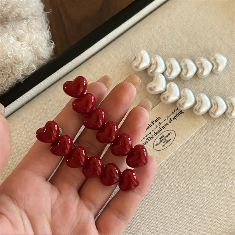 爱心恋动~酒红爱心发夹女复古新年刘海碎发夹子头饰珍珠无痕发卡