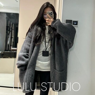 复古慵懒风针织外套女秋冬中长款小个子时尚韩系软糯灰色开衫毛衣