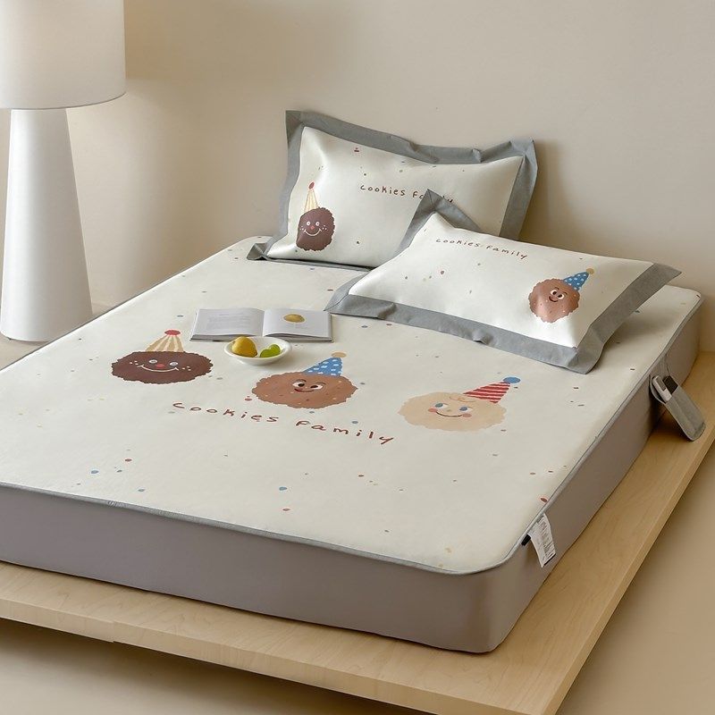 韩式奶油色系~A类可爱卡通凉席冰丝席三件套可水洗床笠款空调席