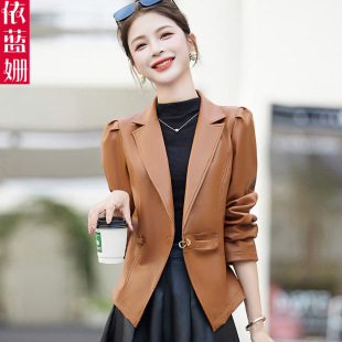 显瘦气质长袖 小皮衣西装 修身 2024春秋时尚 pu西服上衣 短外套女新款