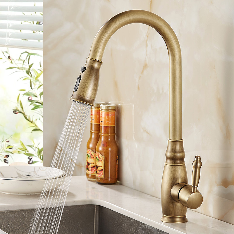 全铜厨房水龙头水槽伸缩旋转防溅水单孔仿古抽拉式家用冷热洗菜盆