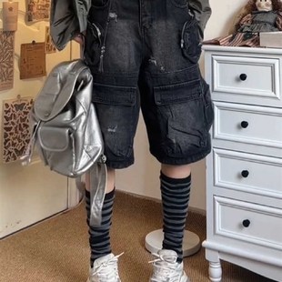女宽松显瘦阔腿五分裤 美式 牛仔短裤 水洗复古多口袋工装 子 街头大码