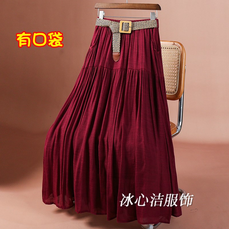 卡其色独特绝美漂亮月光裙棉麻半身裙女夏2025新款口袋裙子长裙