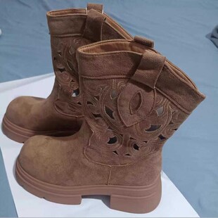 2025春秋新隐形内增高9厘米 磨砂牛皮圆头镂空短筒坡跟马丁靴9909