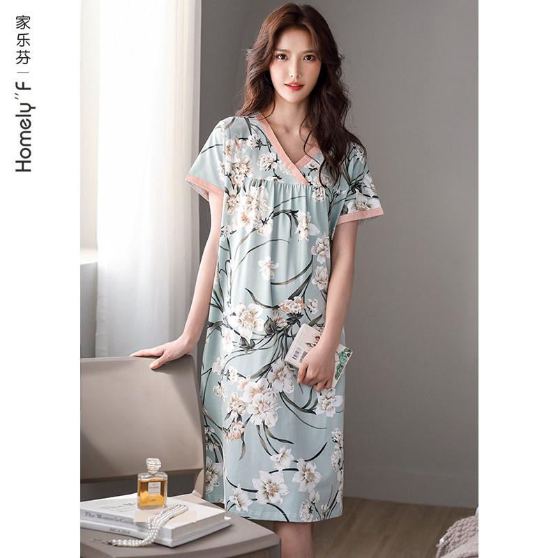睡裙女士睡衣夏季夏天薄款纯棉短袖中长款中年妈妈连衣裙子加大码