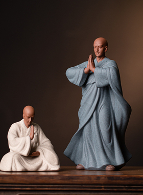 新中式紫砂小和尚摆件禅意陶瓷人物客厅茶桌玄关装饰鱼缸假山造景