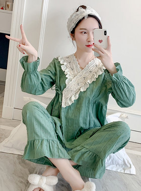 日系睡衣女春秋甜美可爱宫廷风系带和服纯棉睡衣韩版家居服套装女