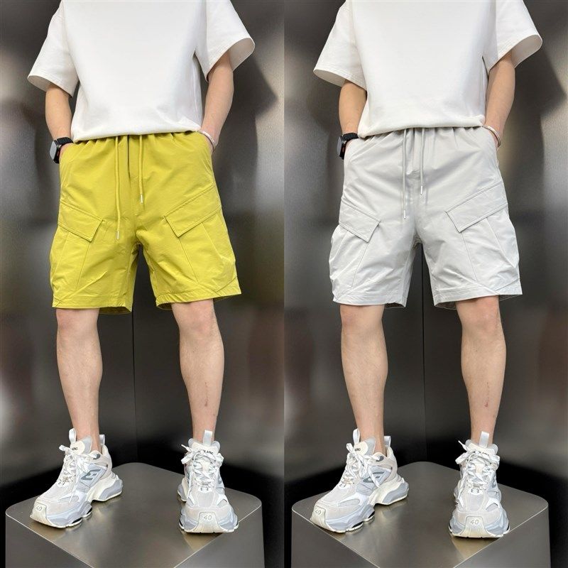 2025夏季新款男士工装短裤冰丝宽松直筒沙滩裤多口袋阔腿五分裤子