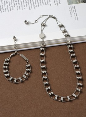 银色双层立体方块手链女轻奢小众高级感冷淡风项链手饰耳环套装