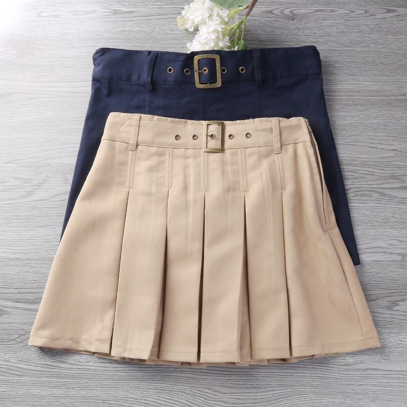女童裙子半身裙卡其色皮带扣短裙中小学生校服百褶裙有内衬防走光