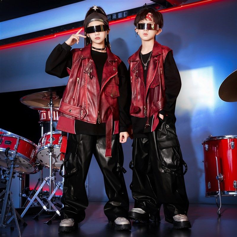 街舞儿童潮服架子鼓演出服套装皮衣马甲夹克酷帅男女童元旦红套装,童装/婴儿装/亲子装,儿童演出服,淘宝优惠券,粉丝福利购,淘宝优惠卷