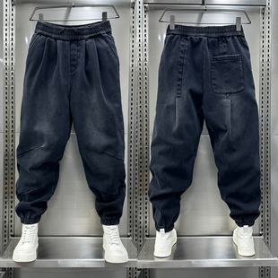 百搭加绒老爹裤 男潮牌宽松束脚休闲裤 渐层哈伦牛仔裤 2023秋冬新款