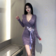 纯欲辣妹性感V领长袖 蕾丝连衣裙女气质修身 显瘦绑带设计感包臀裙