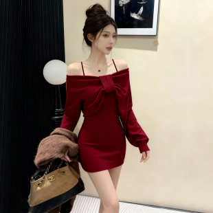 法式气质一字肩蝴蝶结毛衣针织上衣吊带连衣裙女性感包臀裙两件套